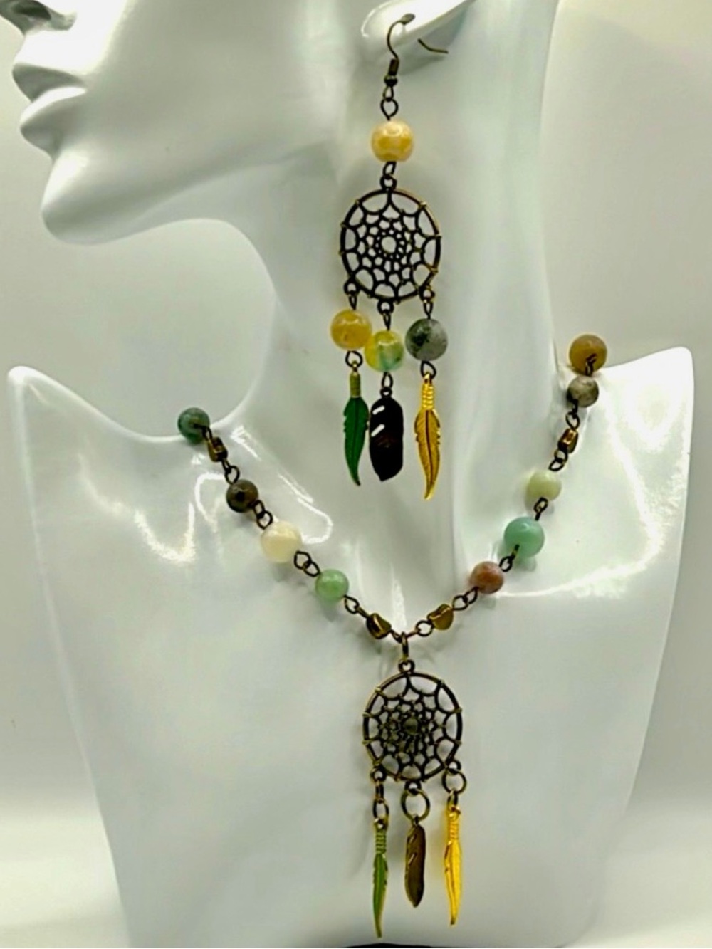 Handmade Feather Dream Catcher Necklace and Earring Set with Natural Stones